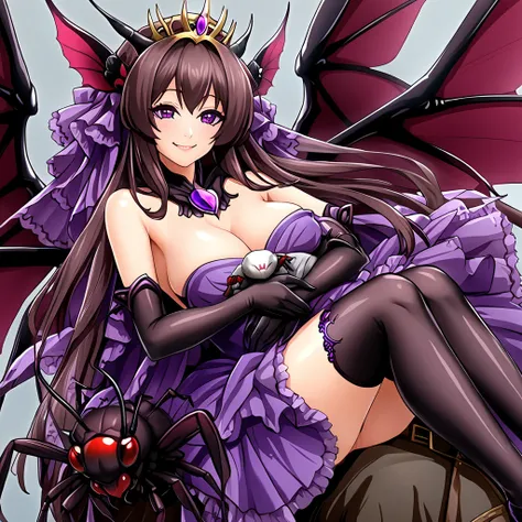 ((highest quality)), ((masterpiece)), (detailed), （Perfect Face）、（The woman was Marina Katsuragi, a purple fly demon with medium-long brown hair, a deformed fly demon similar to Beelzebub, the demon king of flies, with fly antennae and four transparent fly...