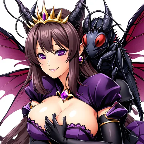 ((highest quality)), ((masterpiece)), (detailed), （Perfect Face）、（The woman was Marina Katsuragi, a purple fly demon with medium-long brown hair, a deformed fly demon similar to Beelzebub, the demon king of flies, with fly antennae and four transparent fly...