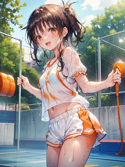 1 female,black hair,((12 years old)),(((White and blue short sleeve gym clothes and shorts)))(((blush、open mouth smile)),(((Yuki Mikan))),crowd(baby girl body shape)(((small breasts)))sexy pose,((wet with sweat))outdoor playground