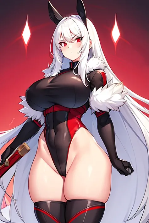 1girl, white hair, long hair, red eyes, serious, glowing eyes, large breasts, thick thighs, mature female, athletic  female, toned, leotard, black leotard, thighhighs, belt, knife, fur trim, fur