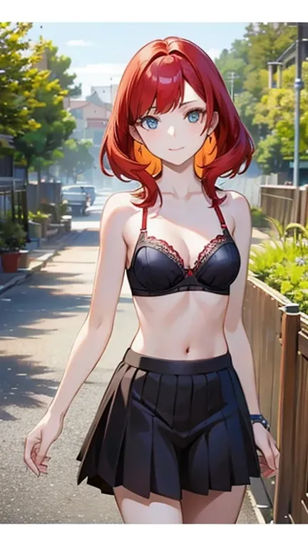 An anime girl with red hair and blue eyes wearing a skirt and an open shirt revealing a black and red bra