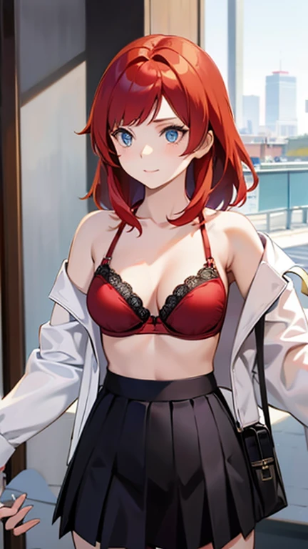 An anime girl with red hair and blue eyes wearing a skirt and an open shirt revealing a black and red bra