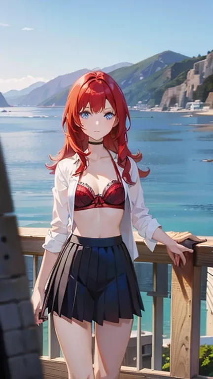 An anime girl with red hair and blue eyes wearing a skirt and an open shirt revealing a black and red bra