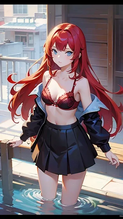 An anime girl with red hair and blue eyes wearing a skirt and an open shirt revealing a black and red bra