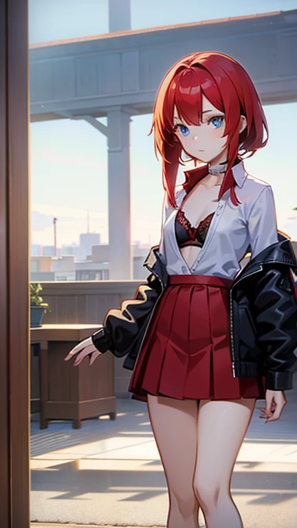 An anime girl with red hair and blue eyes wearing a skirt and an open shirt revealing a black and red bra