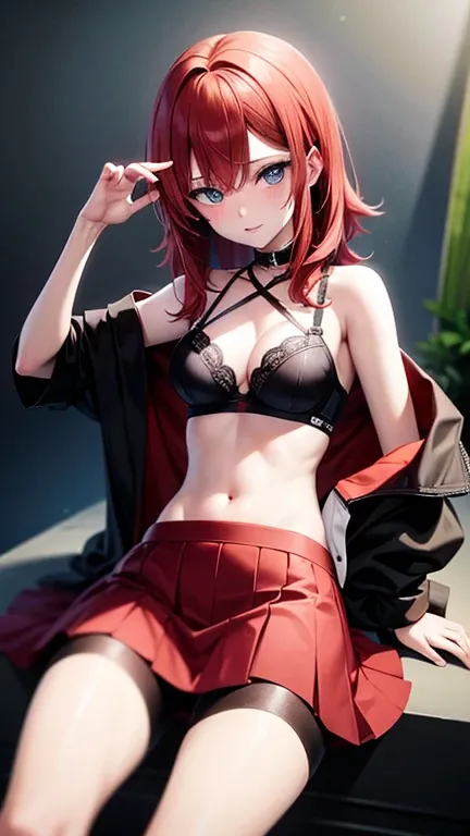 An anime girl with red hair and blue eyes wearing a skirt and an open shirt revealing a black and red bra