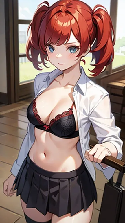 An anime girl with red hair and blue eyes wearing a skirt and an open shirt revealing a black and red bra