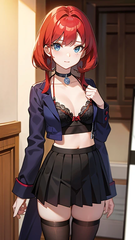 An anime girl with red hair and blue eyes wearing a skirt and a black and red bra