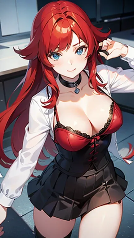 An anime girl with red hair and blue eyes wearing a skirt and a black and red bra