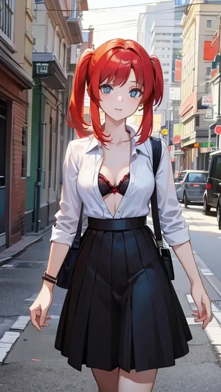 An anime girl with red hair and blue eyes wearing a skirt and an open shirt revealing a black and red bra