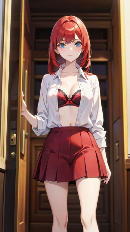 An anime girl with red hair and blue eyes wearing a skirt and an open shirt revealing a black and red bra