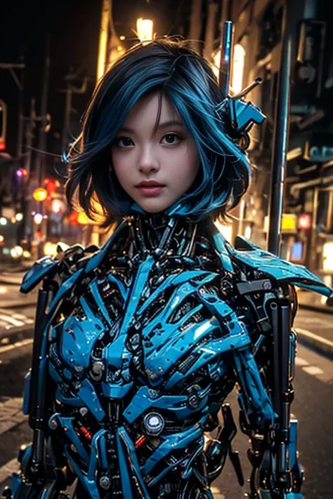 cyboRgized Japanese woman, extRemely ultRa cute face, , cuerpo delgado, pecho plano,  (blue metallic mechanical fRame:1.5), (PoweR cables connected thRoughout the body), detallar, Instead of haiR, theRe aRe cables gRowing out of it, Mechanical Fusion, mech...