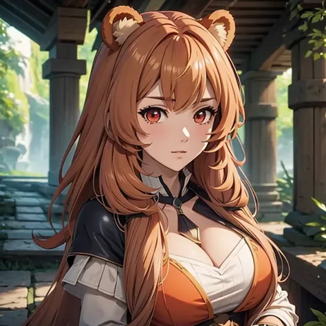 Raphtalia. beautiful woman 28 years old bear ears, cabello naranja brillante . red eyes like rubies detailed high quality. sonrisa, rubor , pechos grandes, top deportivo color blanco, sin mangas escotado, short color vede oscuro. sudor en el cuerpo, esta e...