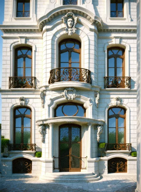 neoclassic house, exterior design, (white wall:1.2), (cornice details, neoclassical relief details), (iron gate), (reflection gl...