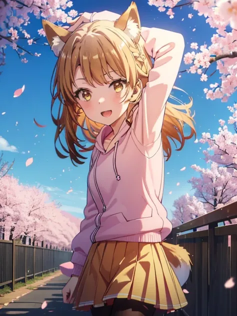 irohaisshiki, iroha isshiki, long hair, brown hair, (brown eyes:1.5), happy smile, smile, open your mouth,short braided hair,ponytail,animal ears　fox ears,animal tail　Fox tail oversized pink hoodie,yellow pleated long skirt,white pantyhose,Mini Boots,walki...