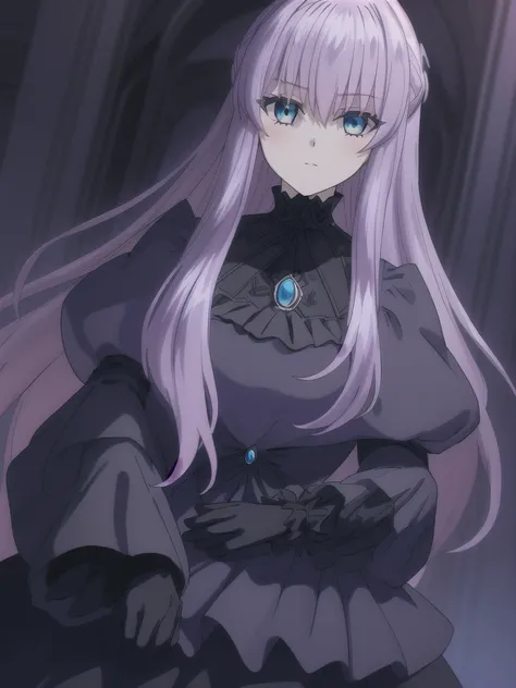 (((Best quality))),((Ultra-detailed)),((illustration)),((Disheveled hair)),((frilld)),(1 girl),
 1girl , bangs , black capelet , black dress , black gloves , blue eyes , bow , brooch , capelet , closed mouth , dress , expressionless , eyebrows visible thro...