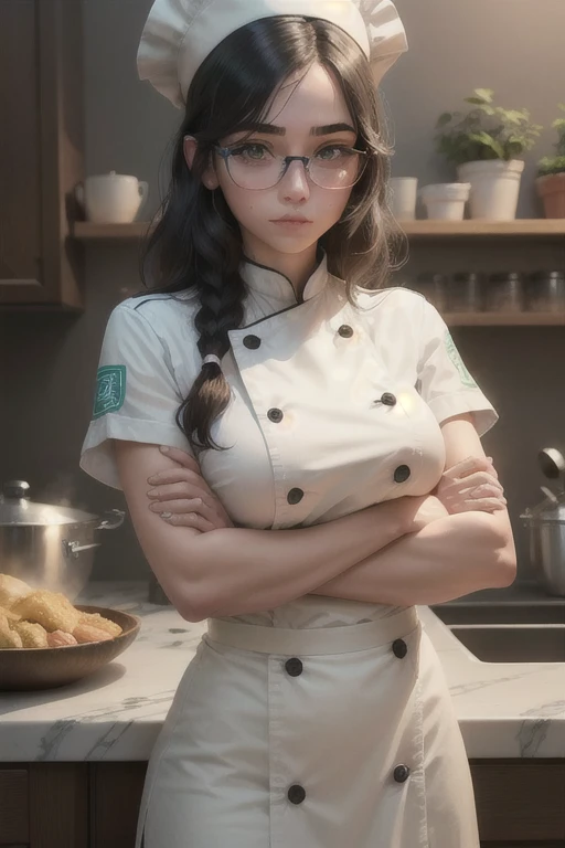 uma mulher Chef de 18 anos, com um cabelo longo da cor castanho claro, de pele branca, com olhos vivos, green circular irises and wearing round glasses. Wearing a chefs hat, with arms crossed. Foto parecendo um cordel 