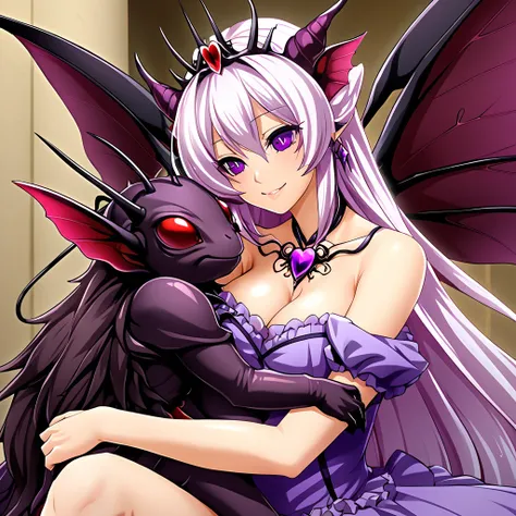 ((highest quality)), ((masterpiece)), (detailed), （Perfect Face）、（The woman was Marina Katsuragi, a purple fly demon with medium-long brown hair, a deformed fly demon similar to Beelzebub, the demon king of flies, with fly antennae and four transparent fly...