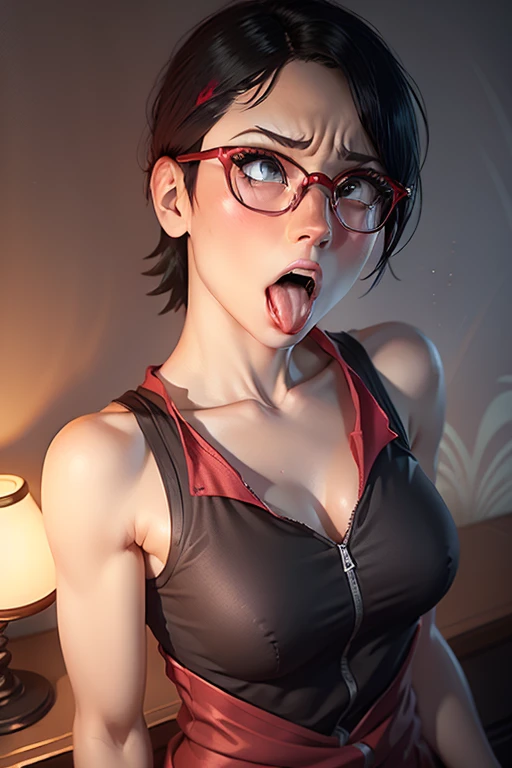 (highres,masterpiece:1.2),ultra-detailed,realistic,professional,beautiful detailed eyes,beautiful detailed lips,dark hair,short black hair,red glasses,stunning black eyes,clear skin,18-year-old girl,fashionable short hairstyle,vibrant red glasses,Shinobi A...