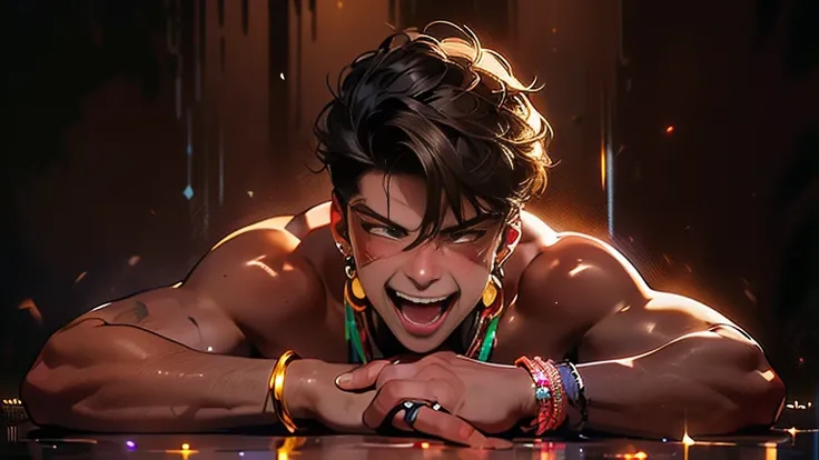 (a high resolution:1.5),(Super realistic:1.5),(skin texture:1.5),(dark skin:2.3),(Athletic young man seduces you with his lust:1.95),(ecstatic expression:2.2)(Look here:1.3),Beautiful muscles, Constricted Waist, perfect male buttocks:1.35)、(rosy cheek:1.15...