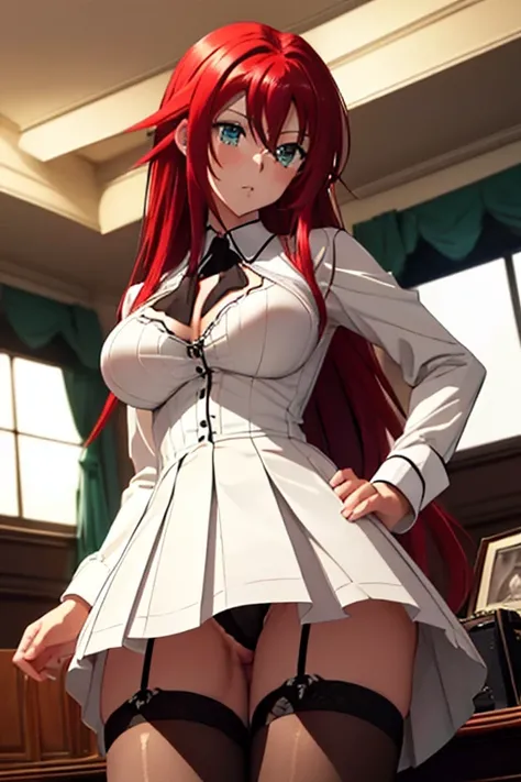 (Masterpiece:1.2, high quality:1.2), (solo:1.2), (1girl:1.2), (pixiv:1.4), (Rias gremory), indifferent, (glare:0.8), crimson red hair, wavy long hair, sharp bangs, crystal green eyes, (detailed eyes), double eyelids, black eyeshadow, long eyelashes, pale r...