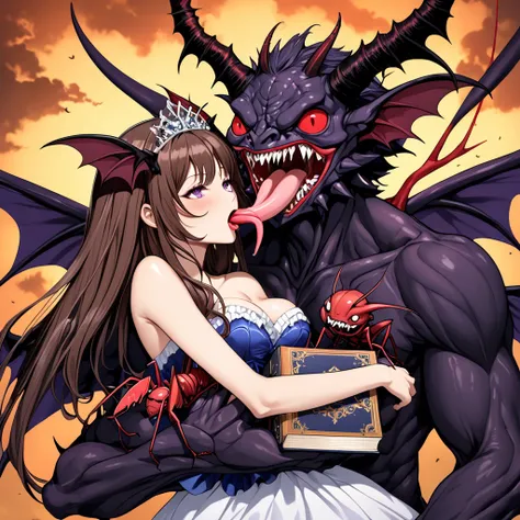 ((highest quality)), ((masterpiece)), (detailed), （Perfect Face）、（The woman is Katsuragi Marina, a completely deformed purple fly demon with medium-long brown hair and a decorative engagement ring on her arm.２She is carried in a princess carry by Beelzebub...