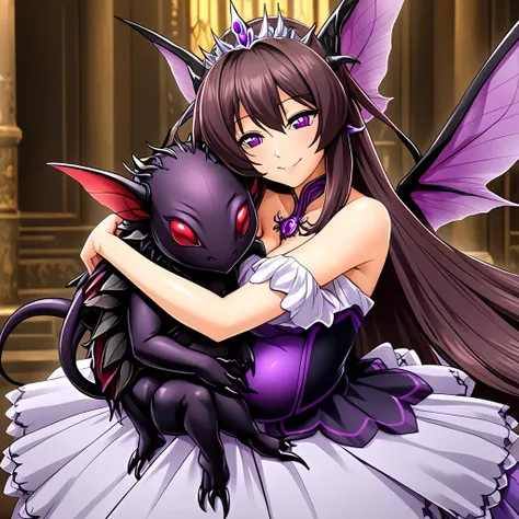 ((highest quality)), ((masterpiece)), (detailed), （Perfect Face）、（The woman was Marina Katsuragi, a purple fly demon with medium-long brown hair, a deformed fly demon similar to Beelzebub, the demon king of flies, with fly antennae and four transparent fly...