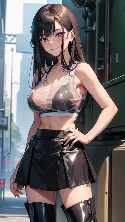 masterpiece, high quality, perfect face, perfect fingers, perfect anatomy, perfect arms, perfect legs,  1 female,black hair,25 years old,(((blue shiny micro tight skirt)))((white tank top))(((blush, shy smile)),(((straight hair))),(((portrait))),crowd,,(we...