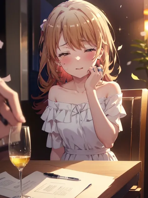 irohaisshiki, iroha isshiki, long hair, brown hair, smile,blush,open your mouth,close both eyes,tears run down her face,Crying with joy,cry a lot,white off shoulder dress,bare clavicle,bare shoulders,naked neck,long skirt,stiletto heels,A large cake, food,...