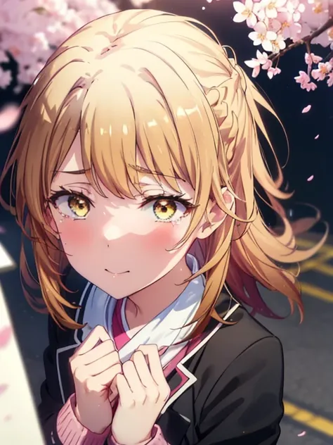 irohaisshiki, iroha isshiki, long hair, short braided hair,ponytail,brown hair, (brown eyes:1.5), smile,yellow muffler,pink long coat　There is space in front,white sweater,black long skirt,black pantyhose,short boots,Big tears are running down her face,Cry...