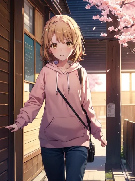 irohaisshiki, iroha isshiki, short hair, brown hair, (brown eyes:1.5), blush,smile,open your mouth,pink hoodie,short denim pants,Knee-high boots,Lots of cherry blossoms are blooming,Cherry blossoms are scattered,put both arms behind one&#39;s back,slouch,
...