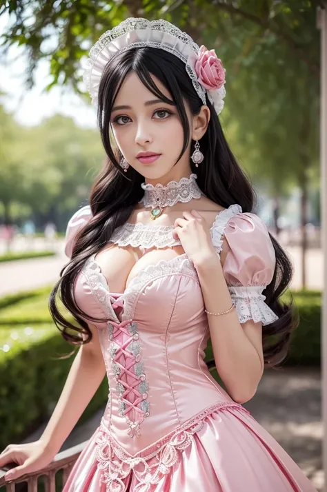 sexy stylish Spanish model, only 1 female, ((doll-like appearance)), long neon pink stylish hair, ((ultra detailed Victorian-Style boots)), beautiful smile, ultra detailed eyes, vivid eye makeup, lipgloss, long lashes, defined eyebrows, ((sexy Paradise Kis...