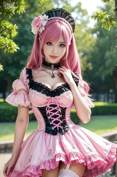 sexy stylish Swedish model, only 1 female, ((doll-like appearance)), long neon pink stylish hair, ((shiny Victorian-Style boots)), beautiful smile, ultra detailed eyes, vivid eye makeup, lipgloss, long lashes, defined eyebrows, ((sexy Paradise Kiss cosplay...