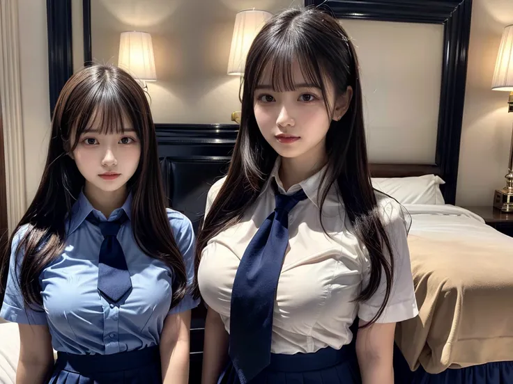 (8K, Raw photography, top-quality, ​masterpiece:1.2),  ((3 beatiful girls))、.（Realistic Skins 1.4）、（（（female high-school student、School Uniforms、）））、{{‎(The background is a luxury hotel room}}（（School Uniforms、white Cutter shirt、darkblue pleatedskirt))、（(l...