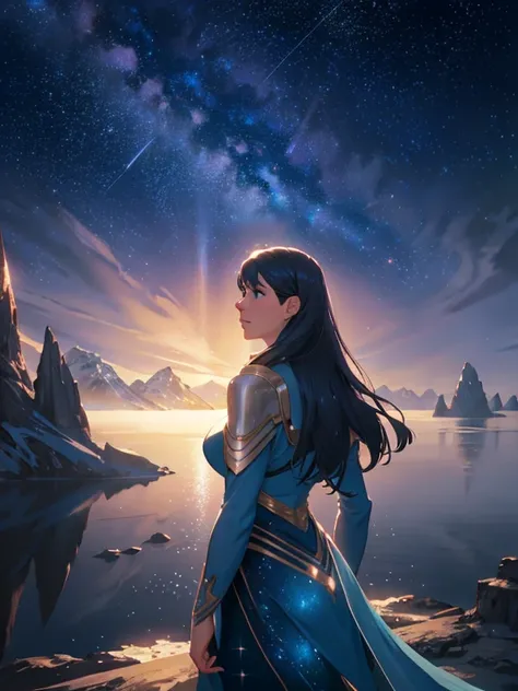 Starry Sky with Mountains and Lake, Jessica Rossier, Inspired by Jessica Rossier, Jessica Rossier Fantasy Art, Concept Art Magic Highlights, Official Artwork, Dream Painting, Ethereal Realm, Atmospheric artwork, dreamy matte paintings, serene endless stars...