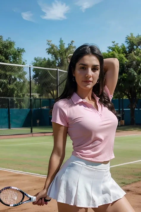 Pretty woman, 32 years old, playing tennis, black hair, Argentinian, wearing a white tennis skirt and a pink blouse, sunny day, realistic, 8k, ultra-realistic, photography.