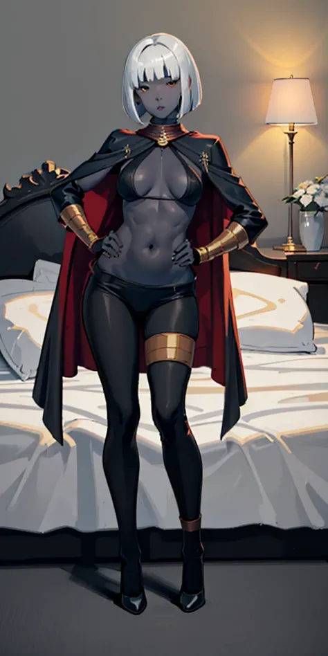 full body female (Warhammer Art Style, Adepta Sororitas, Battle Sister, White hair, bob haircut with bangs. 16k ultra hd, portrait), holding hands a bouquet (both hands) photorealistic, fullbody, bedroom background, royal bedroom, black gloves, black socks...