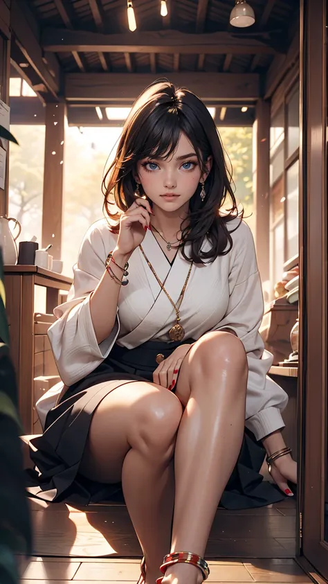 ((最high quality, 8K, masterpiece: 1.3, Ultra HD, high quality, 最high quality, High resolution, realism)) 、A stunningly beautiful 22-year-old Japanese woman、Hair color is indigo、black eye、Medium Hair、Straight Hair、smile、Slender but well-proportioned body、Ba...