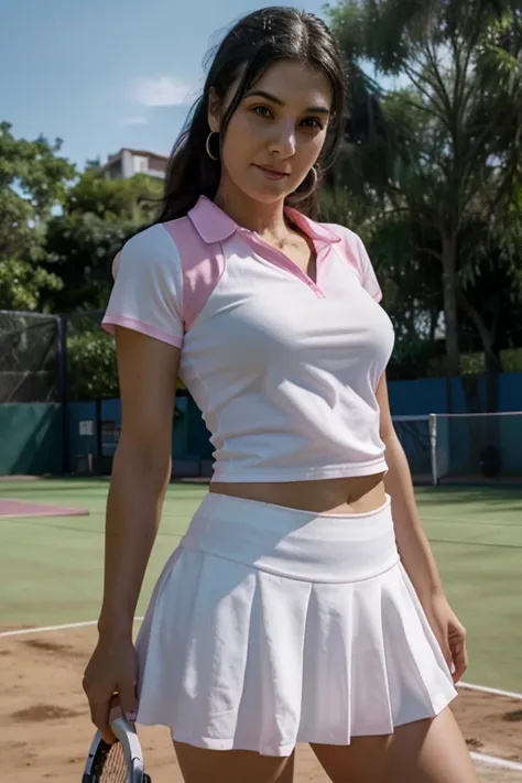 Pretty woman, 32 years old, playing tennis, black hair, Argentinian, wearing a white tennis skirt and a pink blouse, sunny day, realistic, 8k, ultra-realistic, photography.