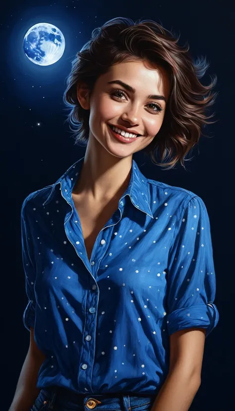 crea un fondo oscuro  con luna con una mujer pelo corto pixie  sonriendo ,con camisa azul con cuello allto , obra maestra, estilo ilustracion de Ali Erturk, alto detalle, hiperrealista, luz natural,ilustracion , colores llamativos
