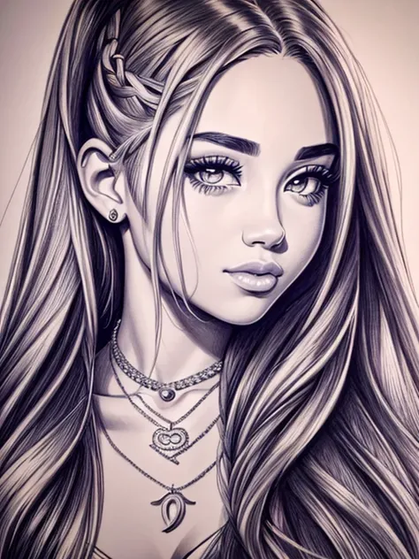 8k, SekyToon, a drawing of a woman with long hair and a necklace, Madison Beer Girl Portrait, realistic sketch, Ariana Grande portrait, realism drawing, Anitta portrait, Portrait of Anitta, art sketch, Billie portrait Eilish, pencil drawing, sketch art, re...