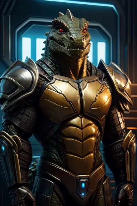 portrait, masterpiece, cinematic, detailed face, alien, (antropomorph crocodile), (male), large, bulky, muscular, orange skin, scaly skin, reptile eyes, red eyes, standing up, wearing armor, futuristic armor, serious expression