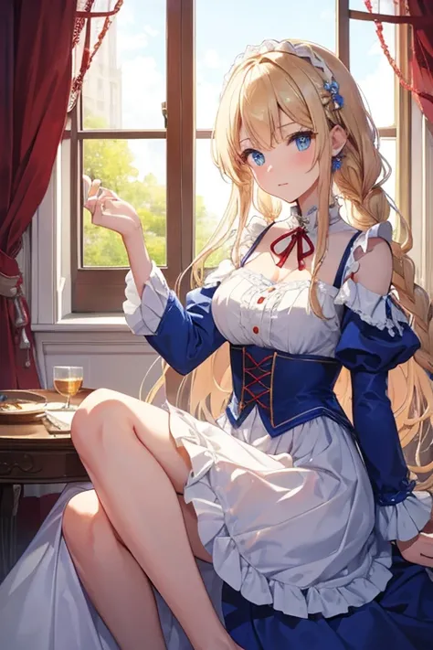 masterpiece, highest quality, High resolution, 26-year-old woman、blue eyes、
blonde,  Braiding、Crimson frill dress, Shoulder puff sleeves、flare skirt、Long skirt、Western-style building、Sit by the window