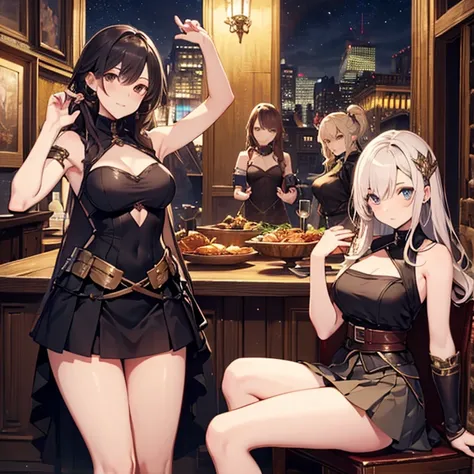 A group of  female medieval fantasy adventurers, (in tavern), various hair styles, harem, night, details face, short skirt, seducing, sleeveless, armor, armpits 