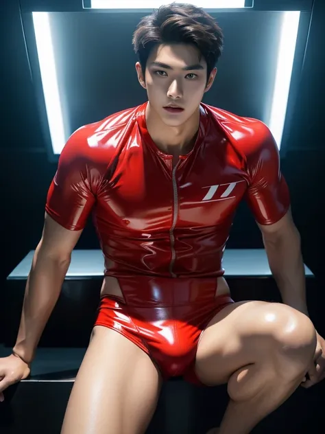 Korean, latex、hero costume , Sports Racing Competitive One Piece Swimwear、The legs are also visible, bulge , whole body , realistic handsome Korean face , Natural Muscle , Beardless face、masterpiece、High resolution、Hyperrealism、Detailed face、alone、male、Glo...