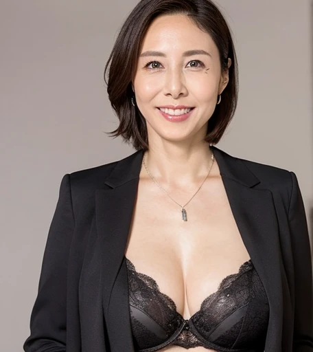 masterpiece,Beautiful 55 year old woman,Extremely detailed,(Ultra-high resolution),(8k UHD best quality), Wearing beautiful lingerie,Perfect body，（Chest：2.5)，necklace，Short hair ponytail，inside the hospital，Confident smile,black boxer briefs，coat open