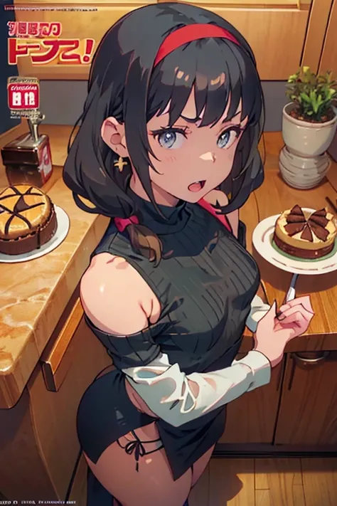 (small breasts:1.3), (perky chest:1.1), (pointed chest:1.0), (Pudding cake magazine cover:1.3)，(from above:1.0),(from side:0.9),masterpiece, 1girl, Amazing Cleavage:1.1, thin waist, big ass, Raised sexy, small breast: 1.3, posed cleavage:1.2、solo, looking ...