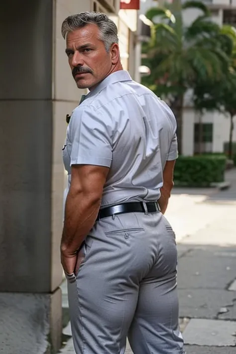 age 60, white man police detective with a mature, backside, kind demeanor, strong and muscular yet chubby build, mustache, weari...