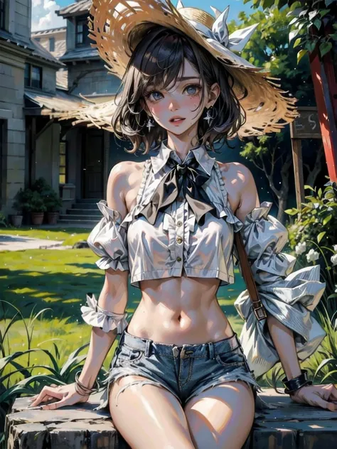 casual, (blouse, white shirt, buttoned shirt), bare shoulders, collarbone,puffy sleeves, short sleeves, gathers, frills, midriff, navel,underboob, denim shorts, straw hat, absurdres, RAW photo, extremely delicate and beautiful, masterpiece, Best Quality, u...