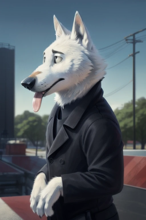 cute cartoon of a (gary \(zootopia\)) using a small black coke hat 19th century, wearing black worker uniform, solo, wolf, white...